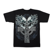 Load image into Gallery viewer, 2 Skulls on Celtic Cross Short Sleeve T Shirt (TS0119)
