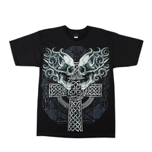 Load image into Gallery viewer, 2 Skulls on Celtic Cross Short Sleeve T Shirt (TS0119)