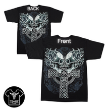 Load image into Gallery viewer, 2 Skulls on Celtic Cross Short Sleeve T Shirt (TS0119)