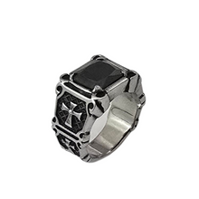 Load image into Gallery viewer, Men's Crusader Cross Gothic Ring - Stainless Steel with Faceted Black Stone (SSR018)