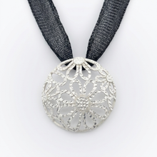 Load image into Gallery viewer, Sterling Silver Air cut Floral Pendant with Expandable Black Net Choker (925SETPC034)