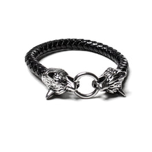 Load image into Gallery viewer, Wolf Head Stainless Steel and Leather Bracelet (SSBRAC016)