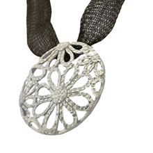 Load image into Gallery viewer, Sterling Silver Air cut Floral Pendant with Expandable Black Net Choker (925SETPC034)