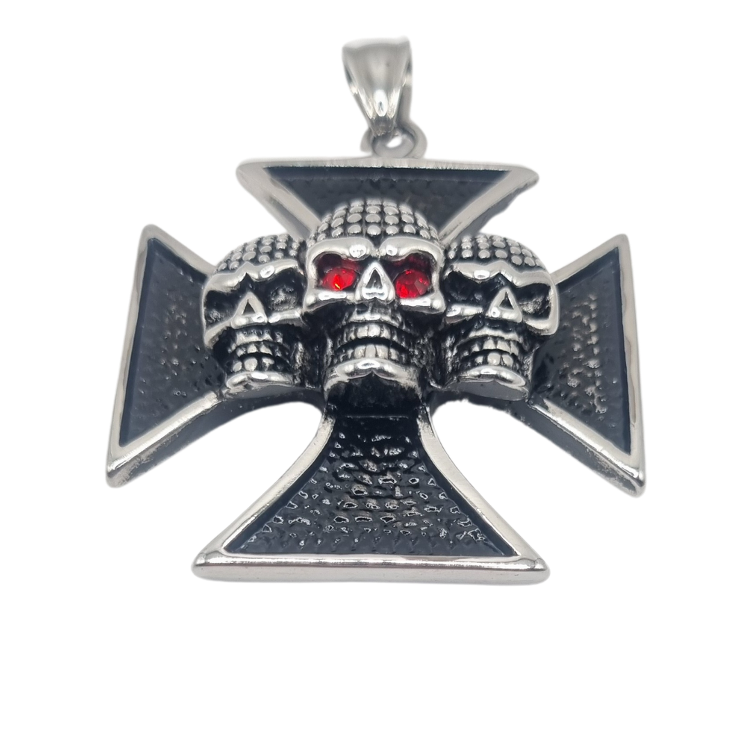 Maltese Cross with three skulls Stainless Steel Pendant (SSP030)