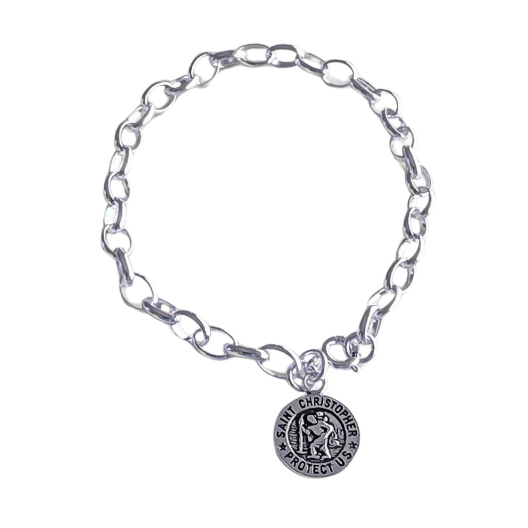 925 Sterling Silver Oval Link Bracelet with St Christopher Disc Charm (925BRAC028)