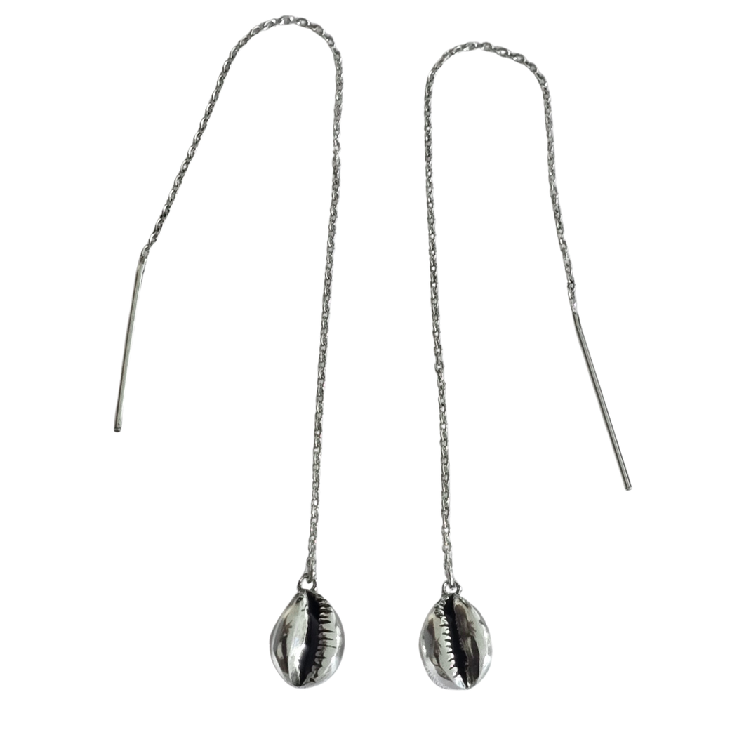 925 Silver Earrings - Cowrie shell hanging on 11cm Chain (925ER018)
