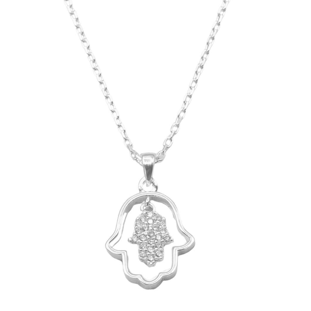 Double Hamsa Pendant Necklace - 925 Sterling Silver - 45cm Chain (925SETPC008)