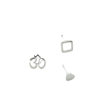 Load image into Gallery viewer, Set of 3 Pairs 925 Sterling Silver Stud Earrings - Heart 5.6 mm, Om 8.9 mm, Square 7.5 mm (925STUDSSET002)
