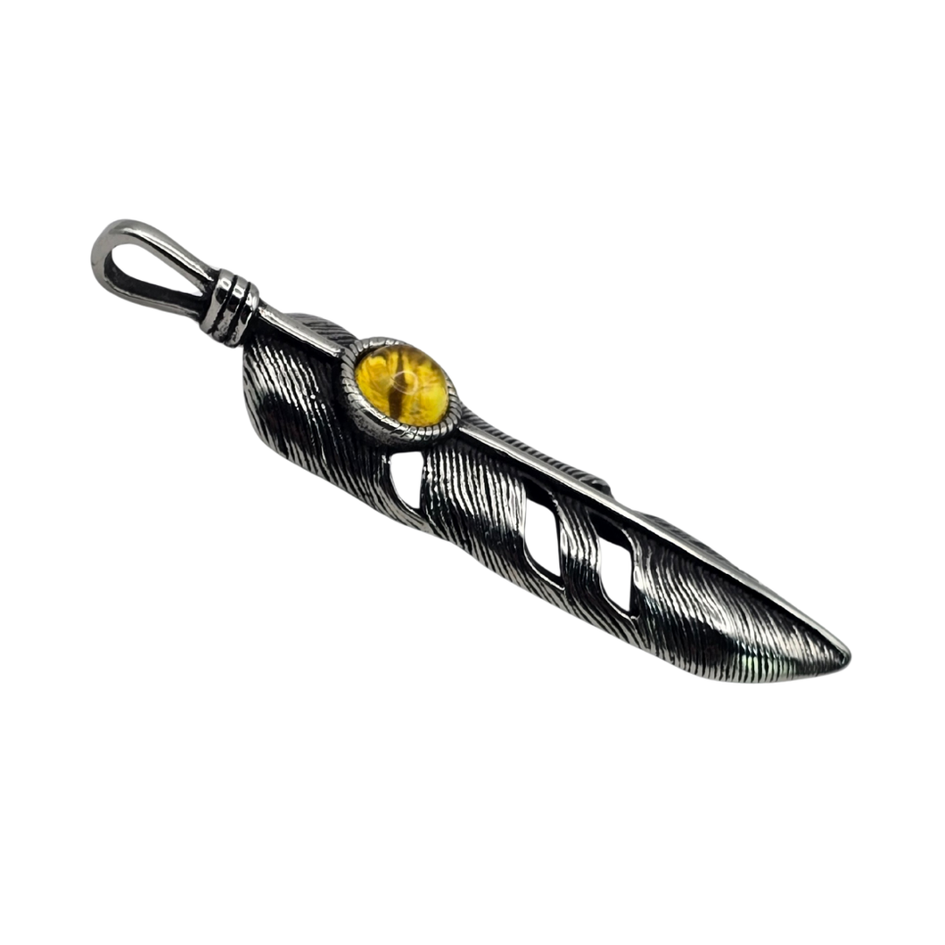 High grade Stainless Steel Feather Pendant with Yellow Stone - (SSP051)