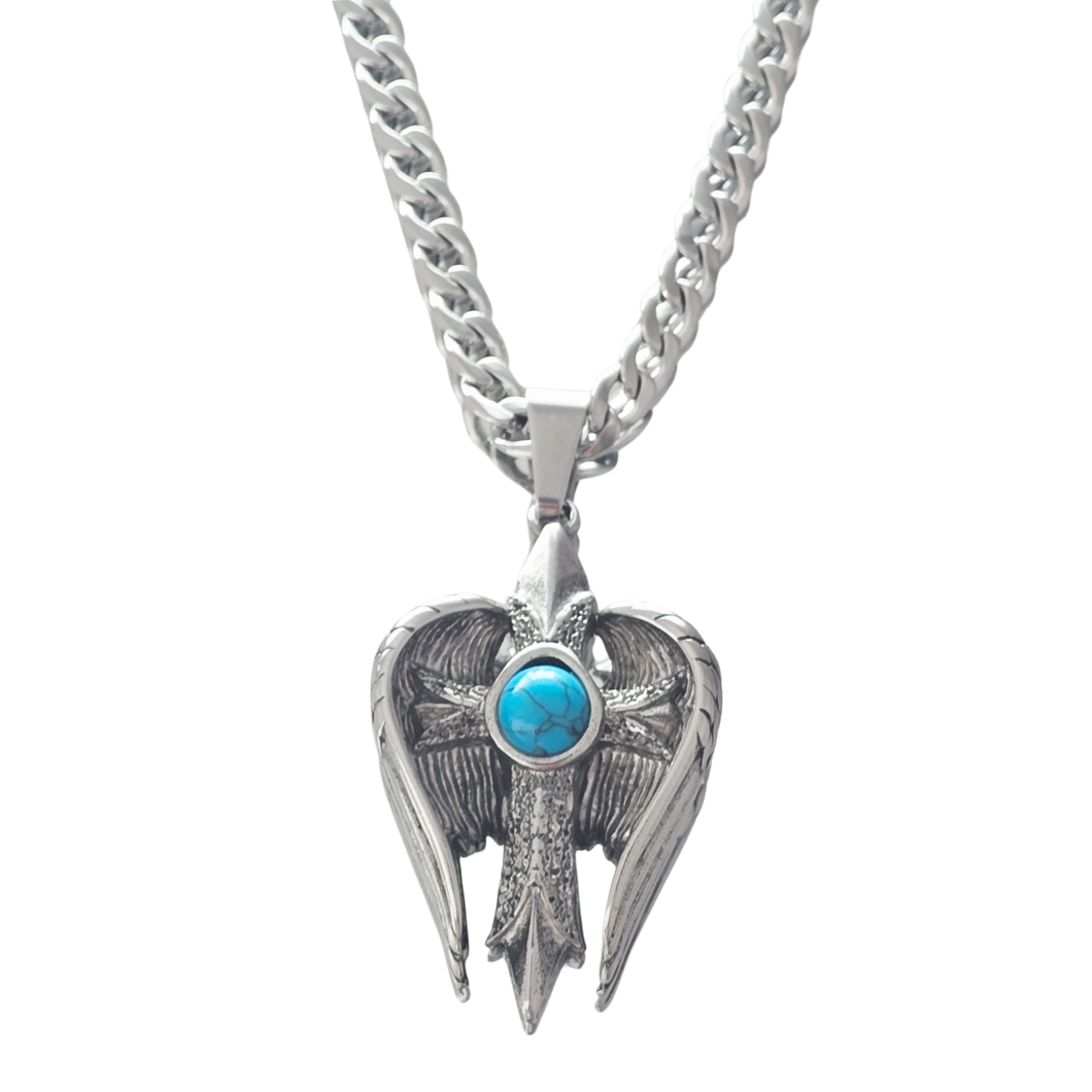 Stainless Steel Turquoise Winged Sentinel Necklace Set Chain and Pendant (SSSETPC010)