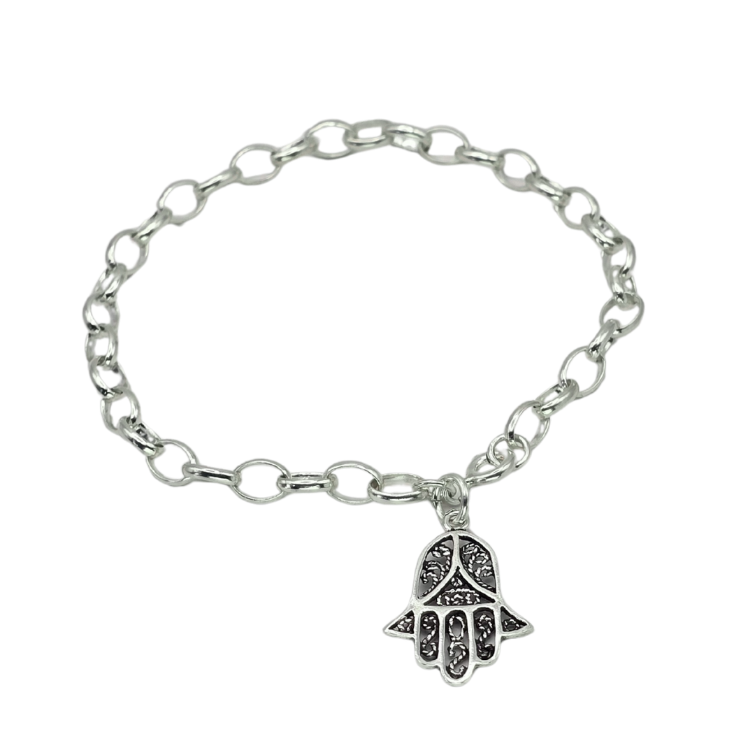 925 Sterling Silver Oval Link Bracelet with Hamsa Charm (925BRAC024)