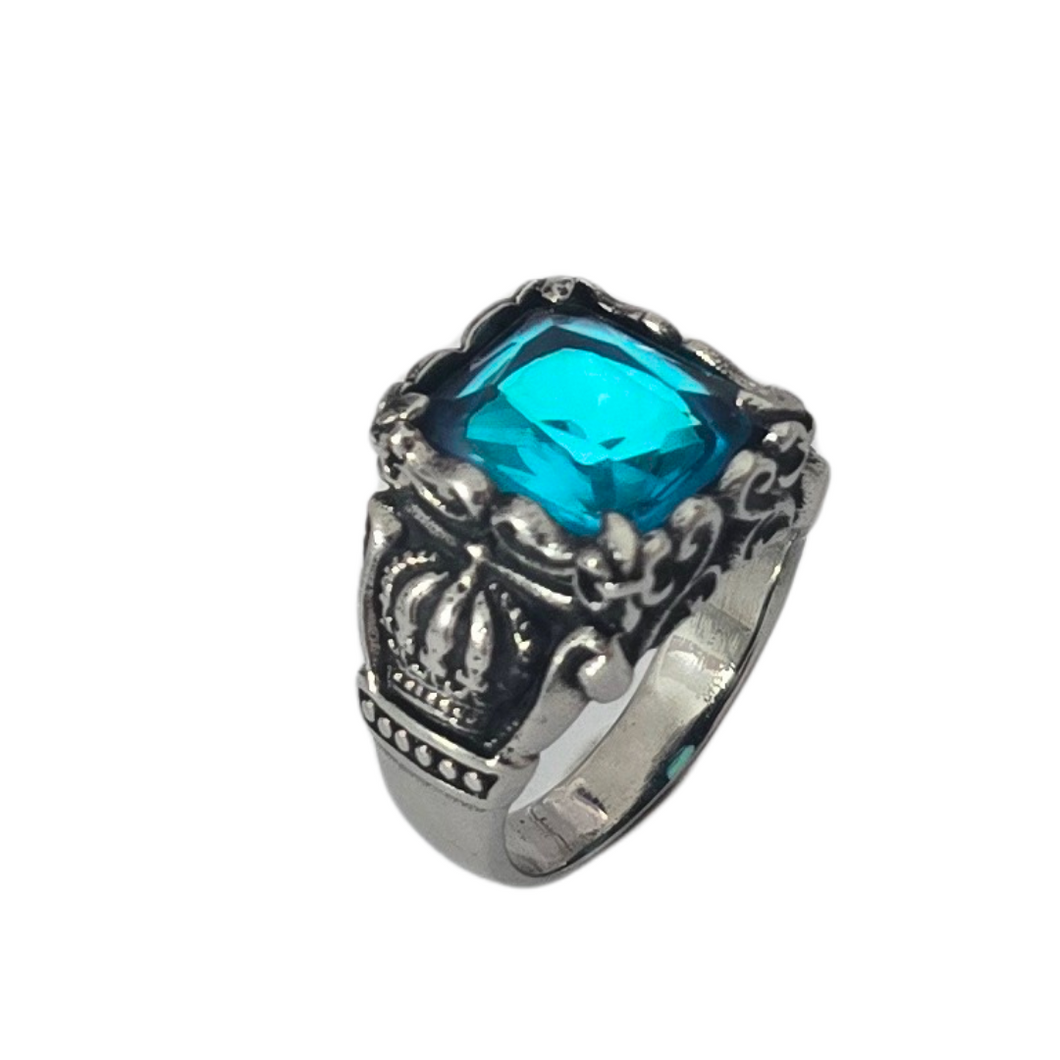 Men's Royal Crown Aquamarine Blue Stone Ring (SSR020)