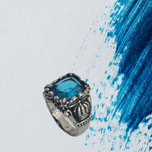 Load image into Gallery viewer, Men&#39;s Royal Crown Aquamarine Blue Stone Ring (SSR020)
