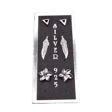 Load image into Gallery viewer, 3 Pairs 925 Sterling Silver Stud Earrings - Triangle 5.6 mm, Feather 19 mm x 4.7 mm, Frangipani Flower 8.9 mm (925STUDSSET003)
