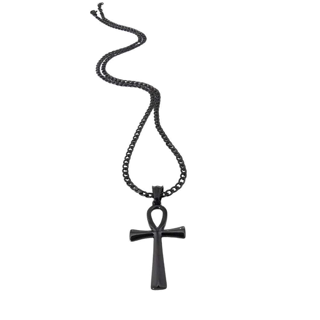 High Grade Stainless Steel Set - Chain and Ankh Pendant, PVD Coated black (SSSETPC019)