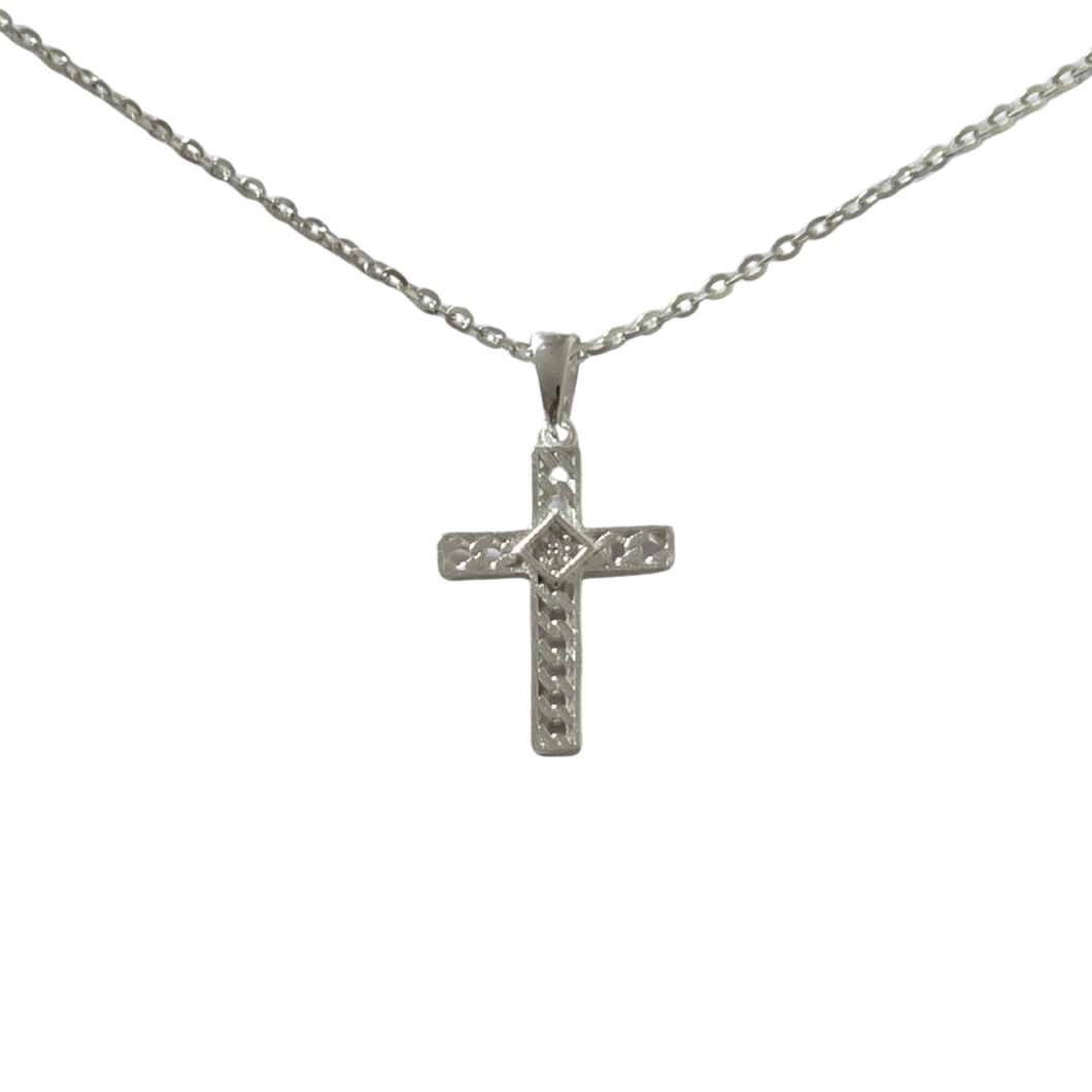 925 Sterling Silver Cross Pendant Necklace - Textured Finish with Cubic Zirconia Accent | 50 cm Chain & Ring Clasp (925SETPC002)