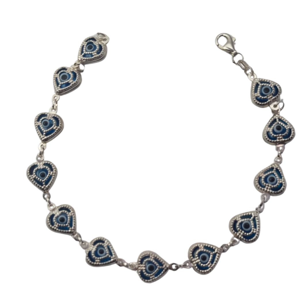 Evil eye 925 Silver bracelet, heart shaped links (925BRAC002)