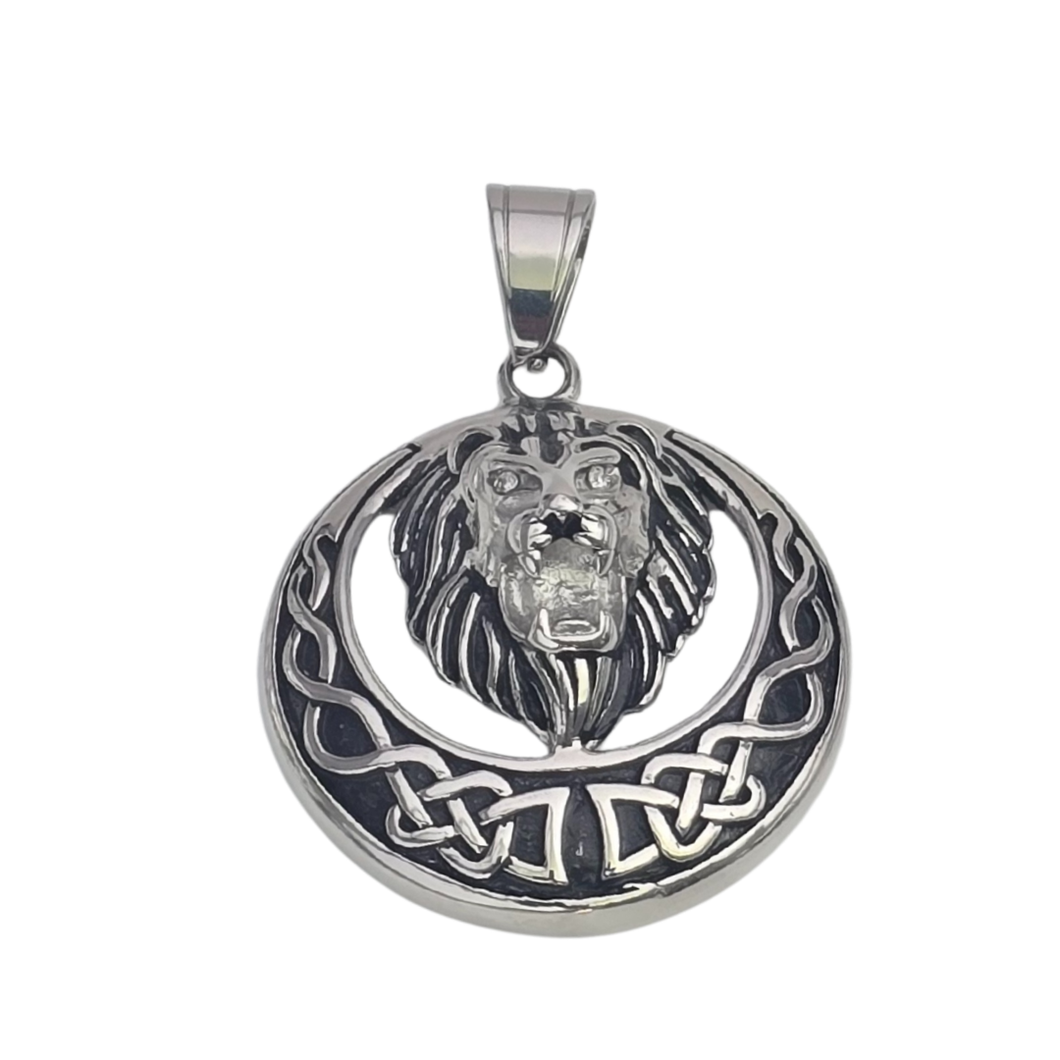High Grade Stainless Steel Pendant Lion Head in round Celtic style frame (SSP048)