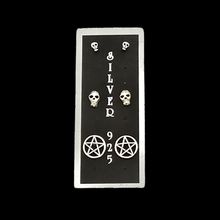 Load image into Gallery viewer, Set of 3 Pairs 925 Sterling Silver Stud Earrings Small Skull 4.5 mm Big Skull 7.3 mm Pentacle 9.7 mm (925STUDSSET006)
