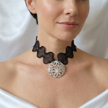 Load image into Gallery viewer, Sterling Silver Air cut Floral Pendant with Expandable Black Net Choker (925SETPC034)
