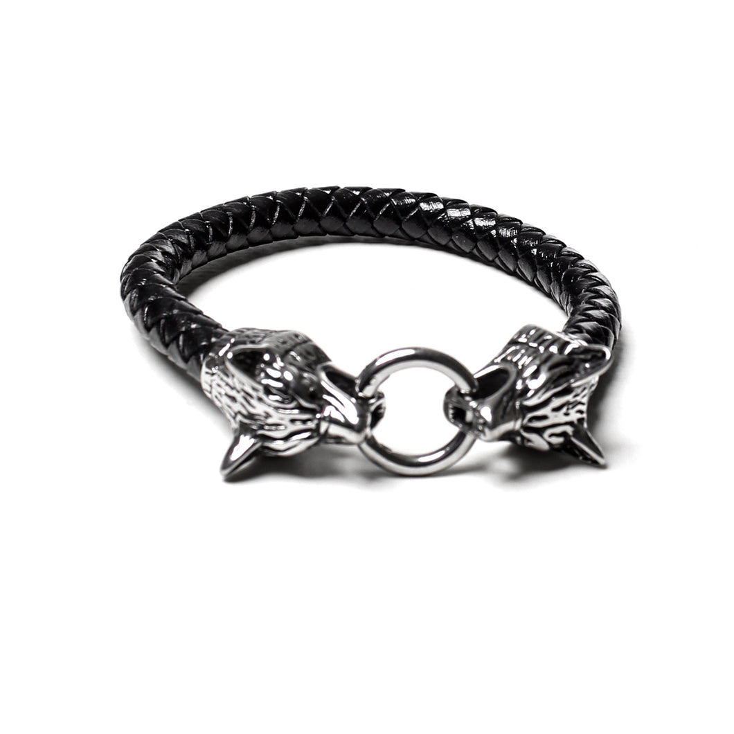 Wolf Head Stainless Steel and Leather Bracelet (SSBRAC016)
