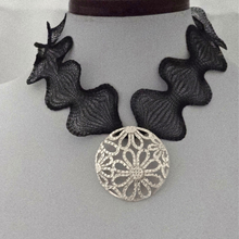Load image into Gallery viewer, Sterling Silver Air cut Floral Pendant with Expandable Black Net Choker (925SETPC034)
