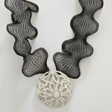 Load image into Gallery viewer, Sterling Silver Air cut Floral Pendant with Expandable Black Net Choker (925SETPC034)
